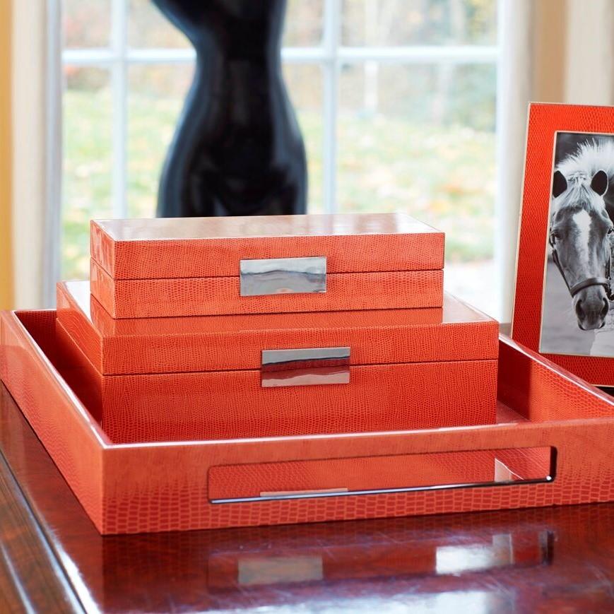 Large Orange Croc Lacquer Box with Silver - Image 3